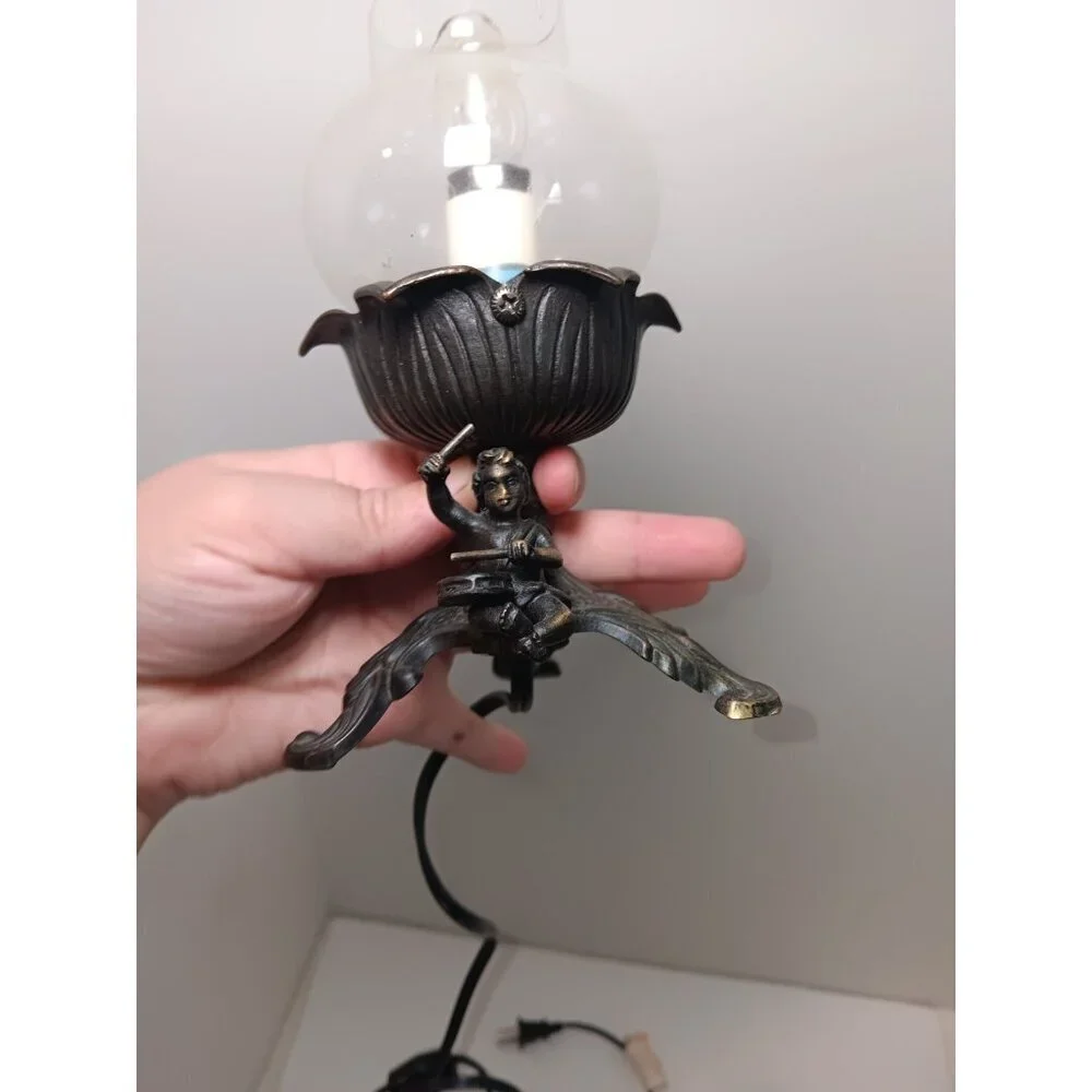 Vintage Art Nouveau Small Cast Iron Table Lamp With Cherub Drummer Stamped L